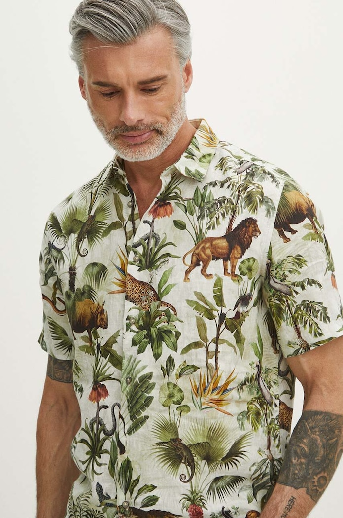 Koszula lniana męska z kołnierzykiem klasycznym wzorzysta kolor multicolor multicolor RS24.KKM703