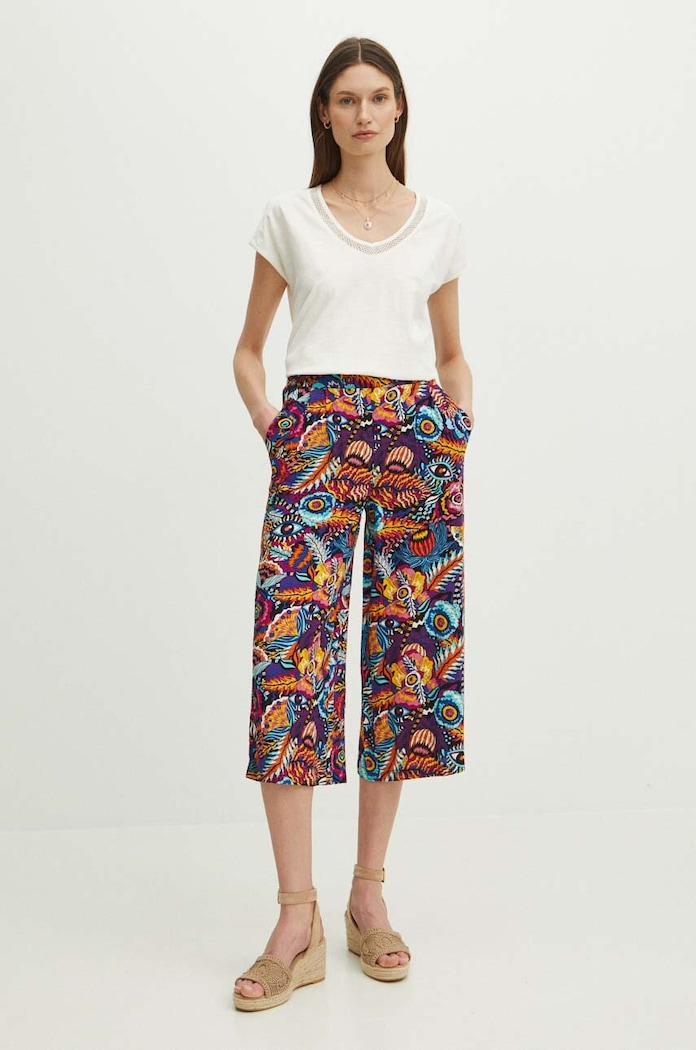 Spodnie damskie culottes wide leg wzorzyste kolor multicolor tkanina multicolor RS24.SPD091