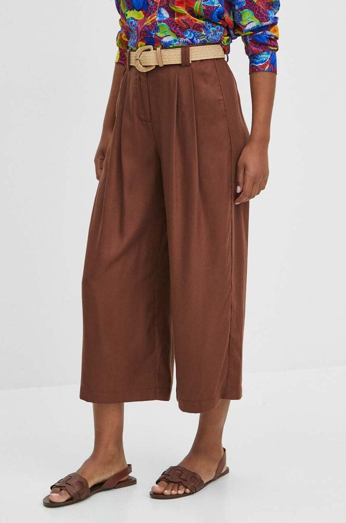 Spodnie damskie z paskiem culottes gładkie kolor brązowy tkanina brązowy RS24.SPD800