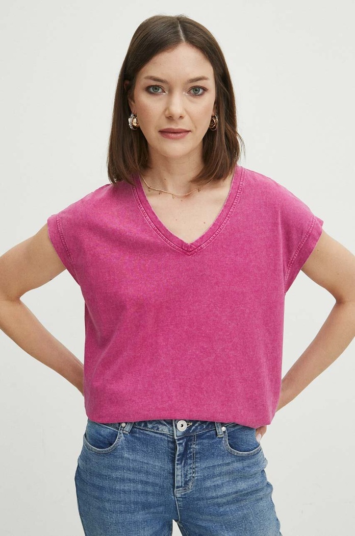 T-shirt bawełniany damski z efektem sprania kolor różowy różowy RS24-TSD062