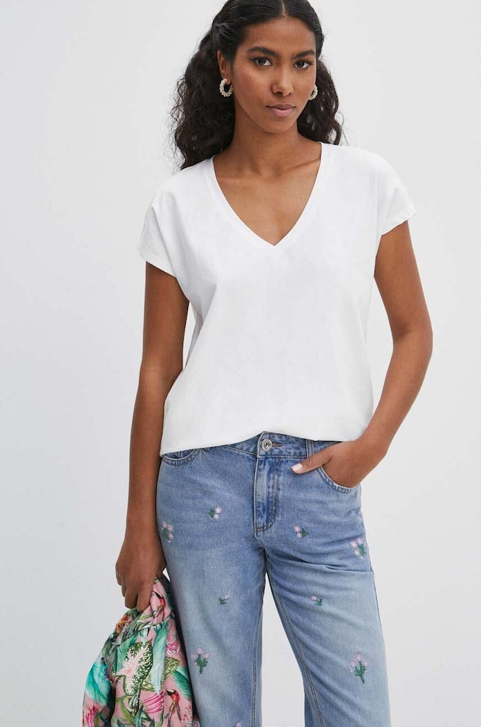 T-shirt bawełniany damski kolor biały z elastanem biały RS24-TSD076
