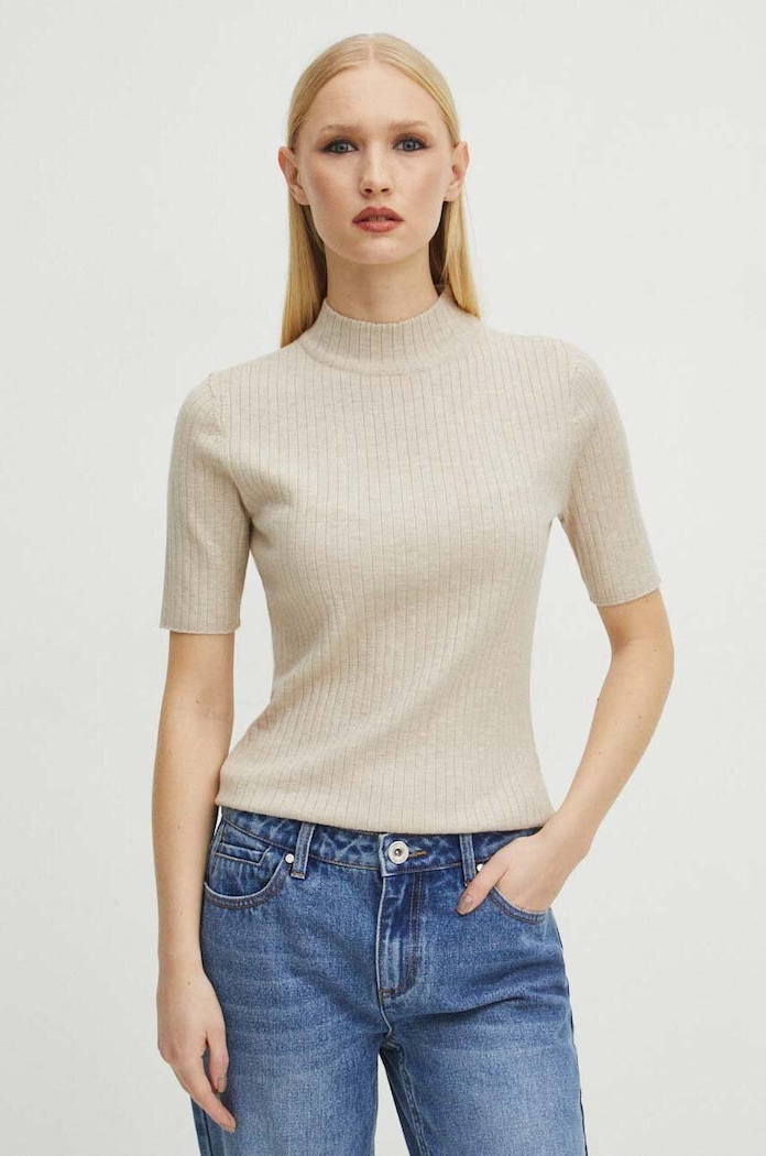 T-shirt damski sweterkowy kolor beżowy pozostałe beżowy RS24.TSD200
