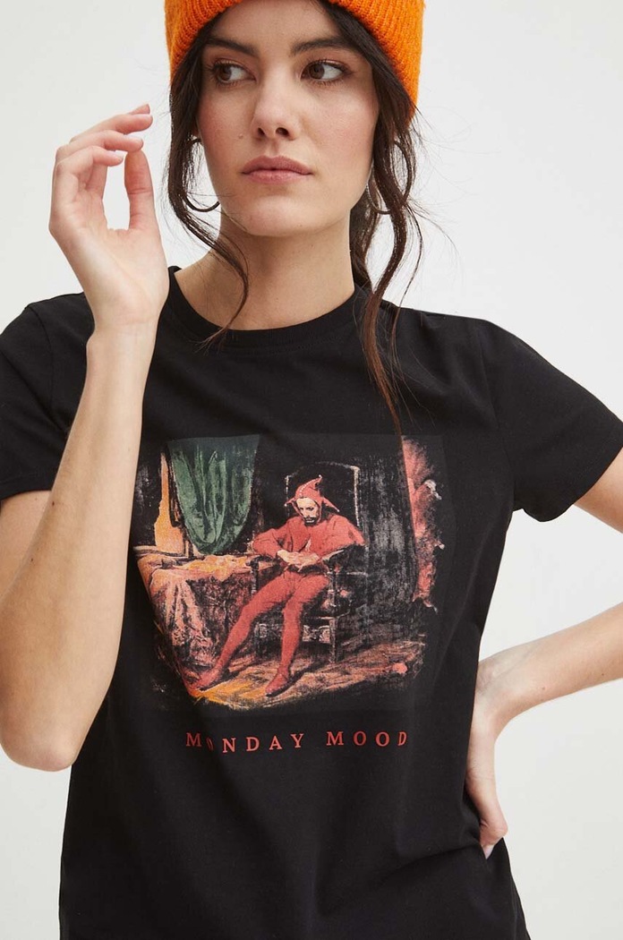 T-shirt bawełniany damski z domieszką elastanu z kolekcji Eviva L'arte kolor czarny czarny RS24.TSD256