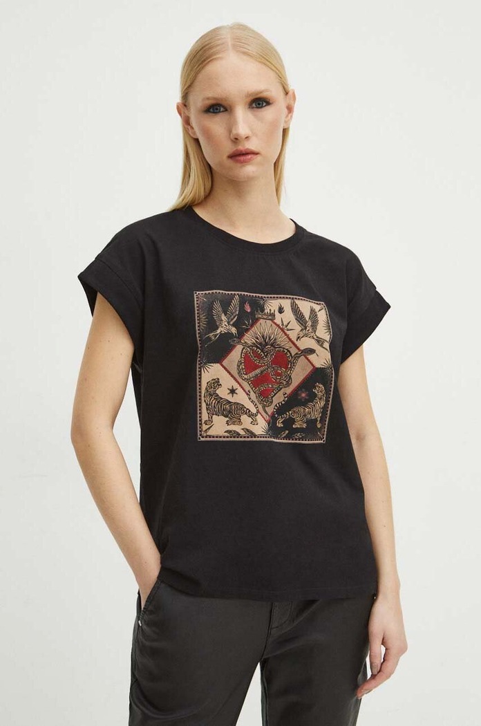 T-shirt bawełniany damski z kolekcji Love Alchemy kolor czarny okrągły czarny RS24-TSD269