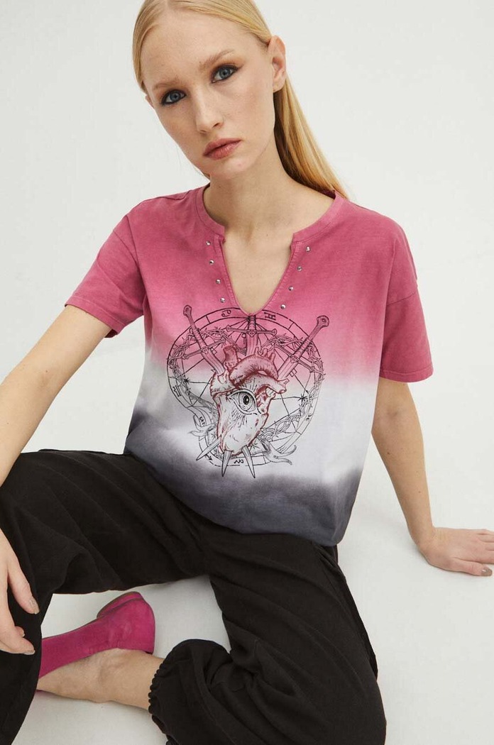 T-shirt bawełniany damski z kolekcji Love Alchemy kolor różowy bawełna różowy RS24-TSD270