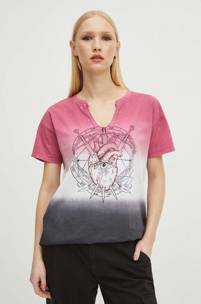 T-shirt bawełniany damski z kolekcji Love Alchemy kolor różowy różowy RS24-TSD270