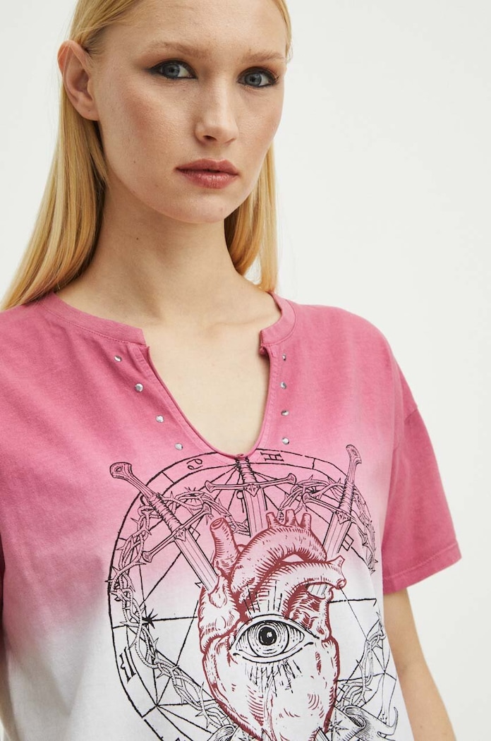 T-shirt bawełniany damski z kolekcji Love Alchemy kolor różowy RS24-TSD270 różowy