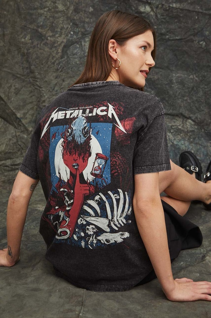 Bavlněné tričko dámské Metallica šedá barva relaxed šedá RS24-TSD652