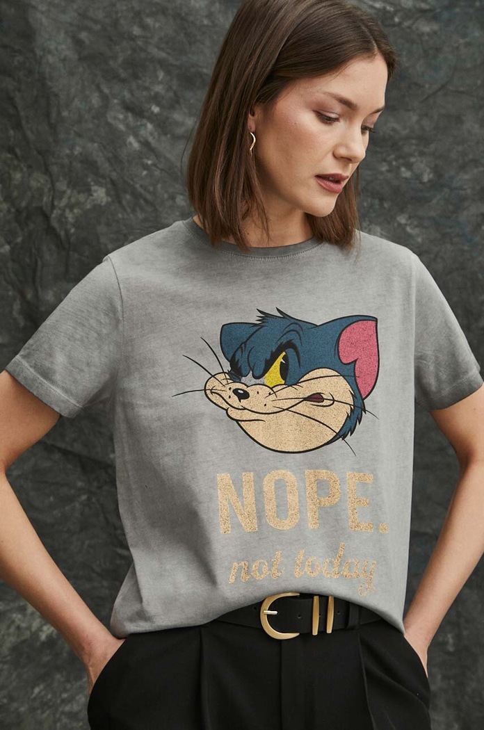 T-shirt bawełniany damski Tom and Jerry kolor szary okrągły szary RS24.TSD656