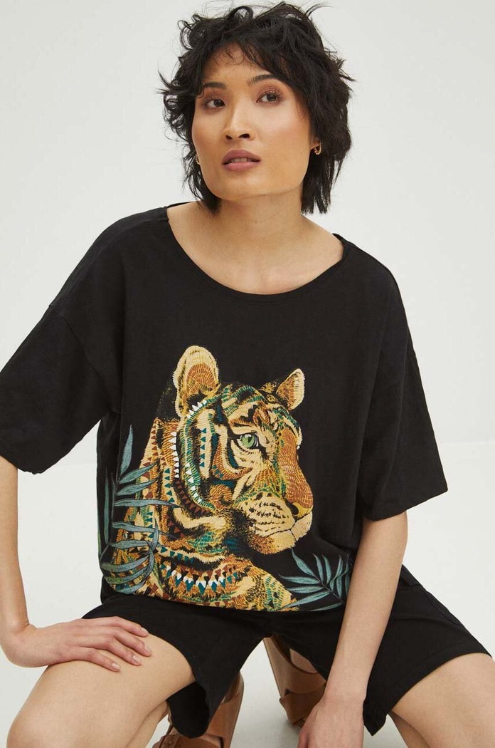 T-shirt bawełniany damski z nadrukiem kolor czarny okrągły czarny RS24.TSD706