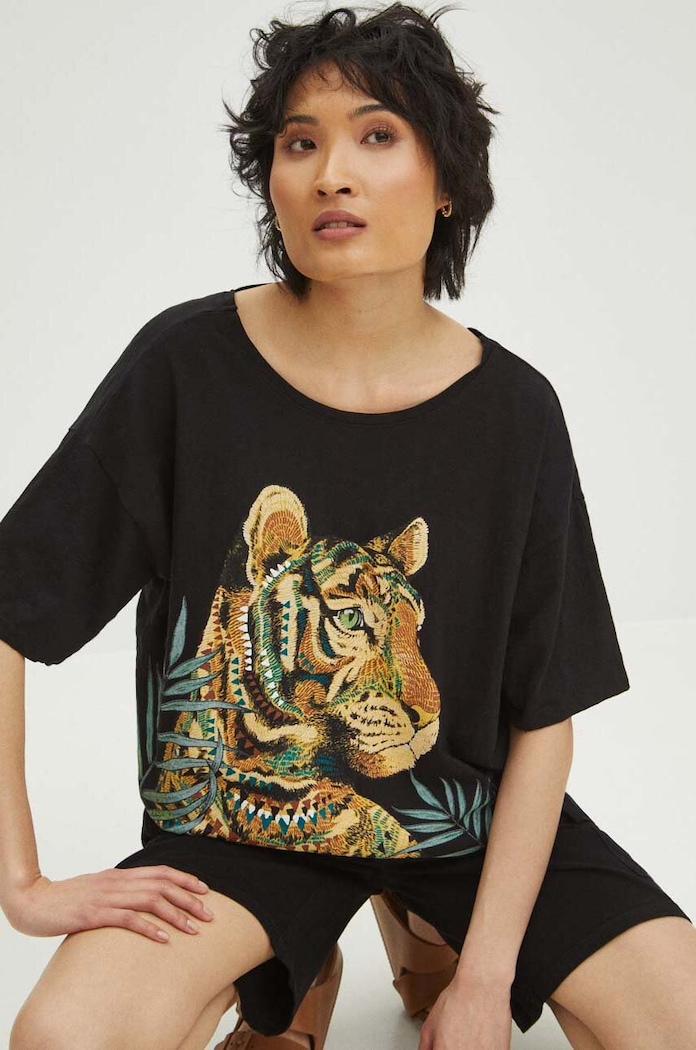 T-shirt bawełniany damski z nadrukiem kolor czarny okrągły czarny RS24.TSD706