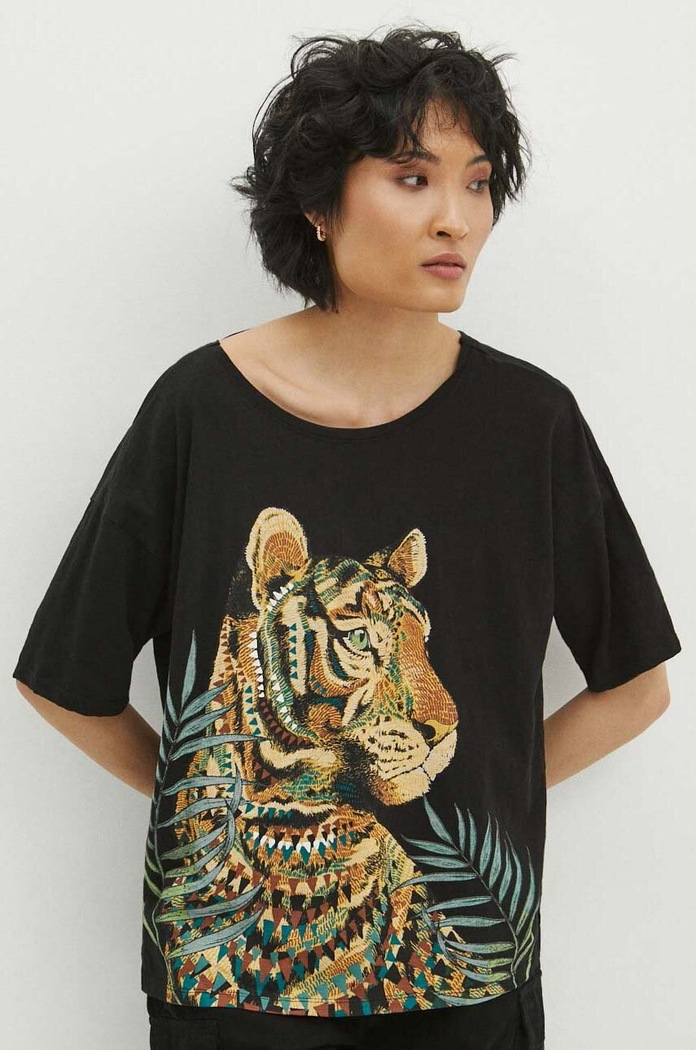 T-shirt bawełniany damski z nadrukiem kolor czarny czarny RS24.TSD706