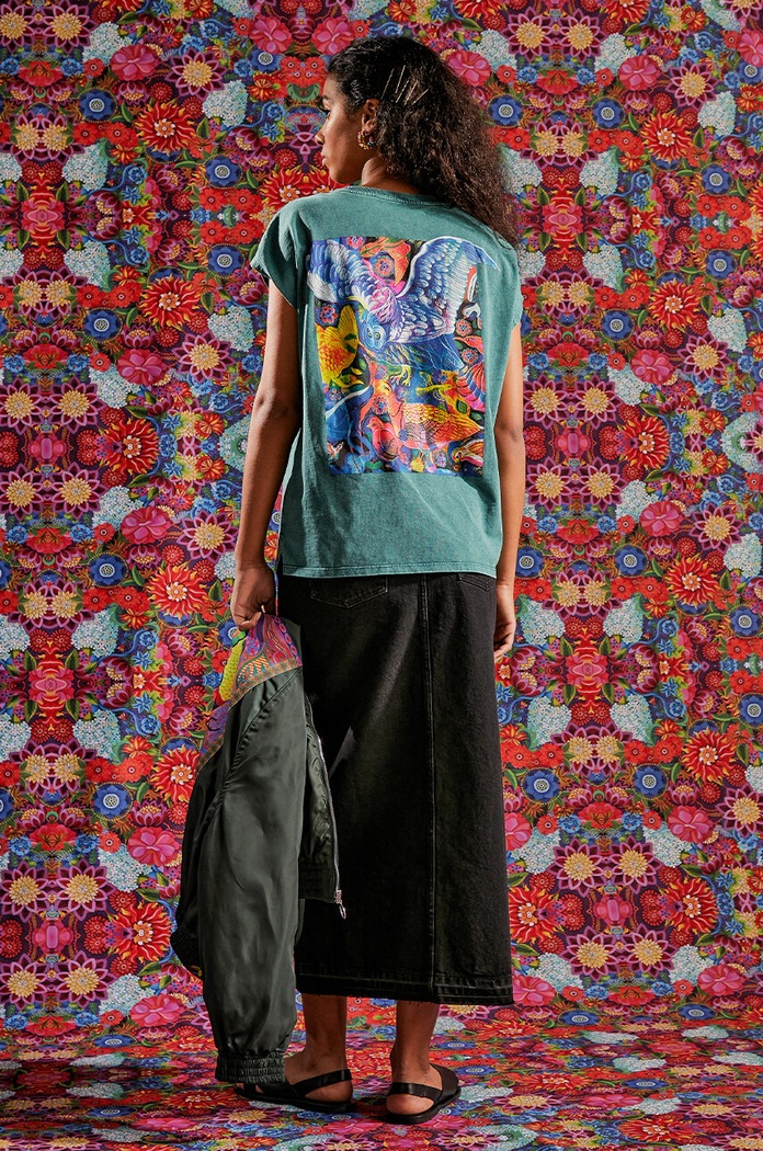 T-shirt bawełniany damski z kolekcji Jane Tattersfield x Medicine kolor zielony okrągły turkusowy RS24-TSD863