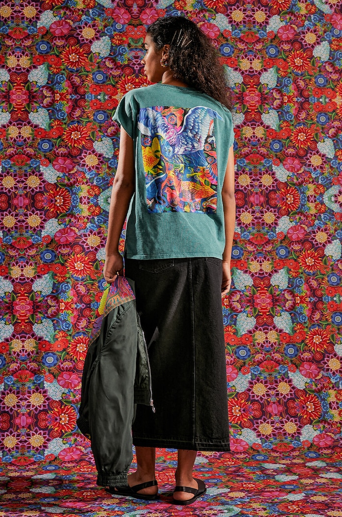 T-shirt bawełniany damski z kolekcji Jane Tattersfield x Medicine kolor zielony okrągły turkusowy RS24-TSD863