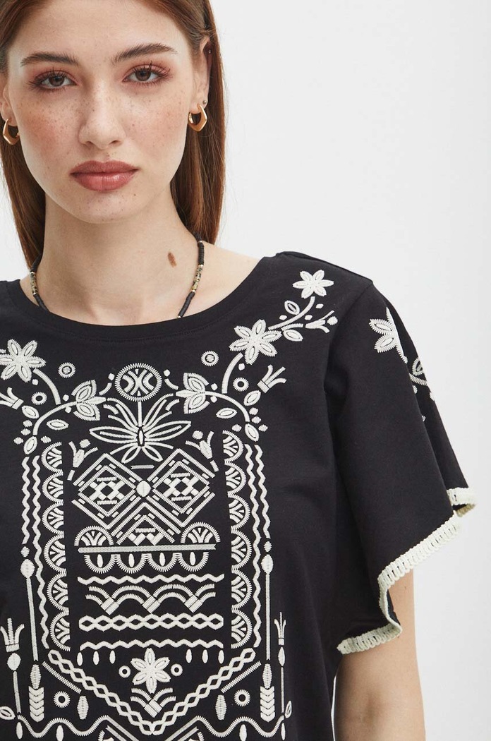 T-shirt bawełniany damski z ozdobną aplikacją kolor czarny czarny RS24.TSDA05