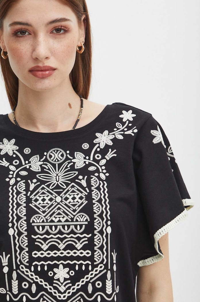T-shirt bawełniany damski z ozdobną aplikacją kolor czarny czarny RS24.TSDA05