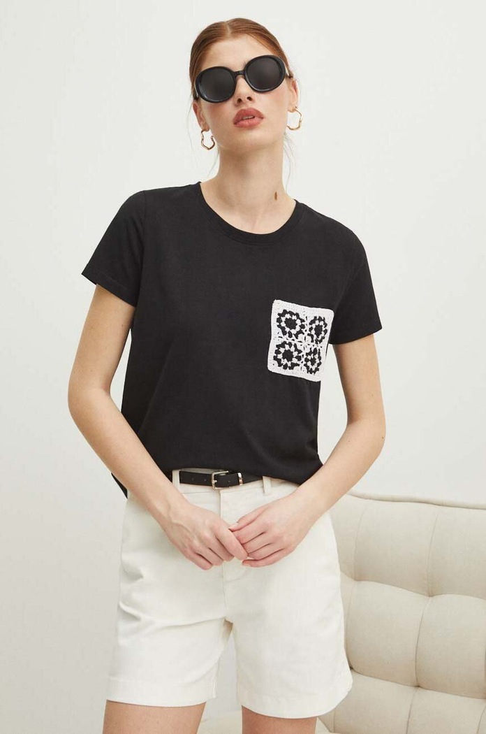 T-shirt bawełniany damski z domieszką elastanu z aplikacją kolor czarny aplikacja czarny RS24.TSDA09