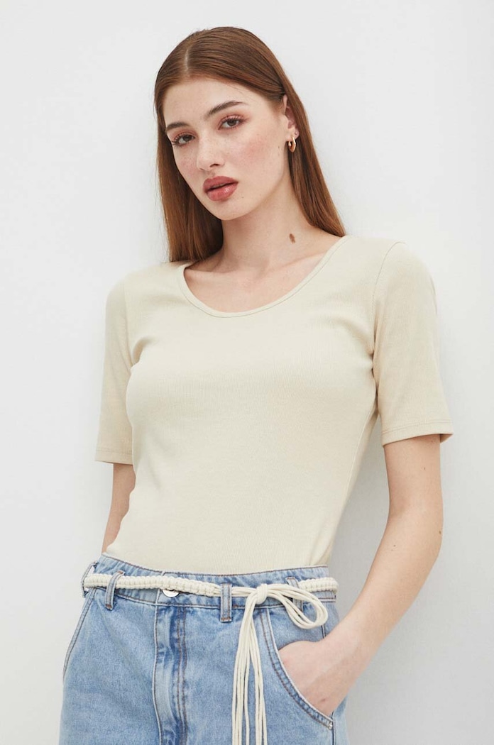 Odzież T-shirt bawełniany damski prążkowany z domieszką elastanu kolor beżowy RS24-TSDA12 beżowy
