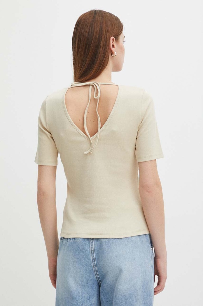 T-shirt bawełniany damski prążkowany z domieszką elastanu kolor beżowy beżowy RS24-TSDA12