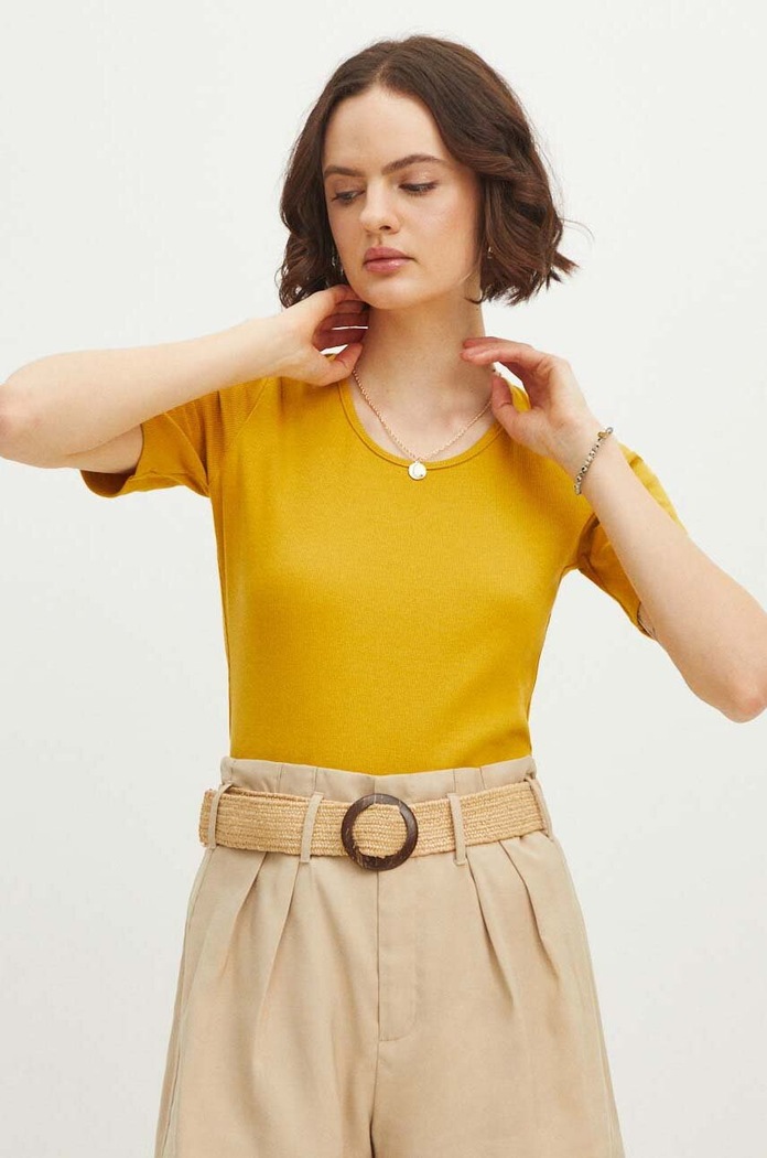 Odzież T-shirt bawełniany damski prążkowany z domieszką elastanu kolor żółty RS24-TSDA12 żółty
