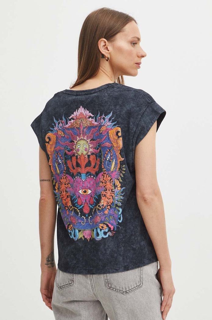 T-shirt bawełniany damski z nadrukiem kolor czarny bawełna czarny RS24-TSDB05