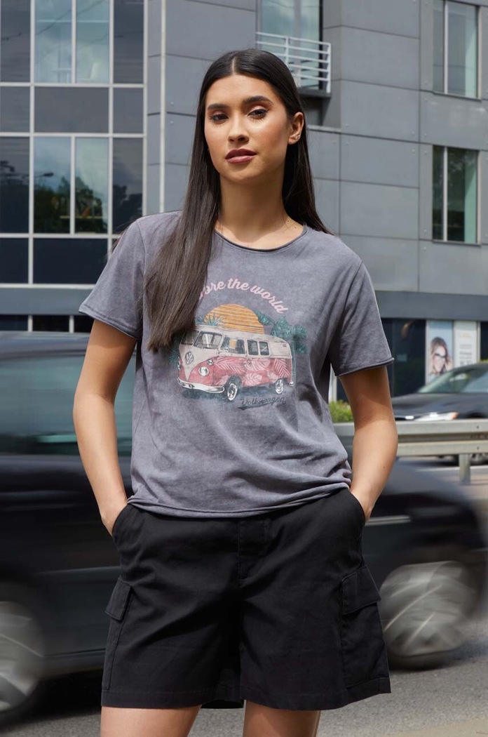 T-shirt bawełniany damski Volkswagen kolor szary okrągły szary RS24-TSDC20