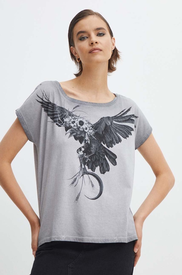 T-shirt bawełniany damski z nadrukiem Tattoo Art by Piotr Bemben kolor szary RS24-TSDC57 szary