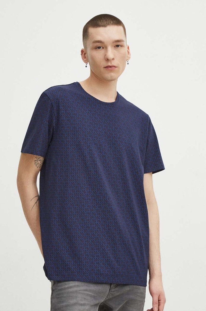 T-shirt bawełniany męski z domieszką elastanu kolor granatowy gładkie granatowy RS24-TSM022