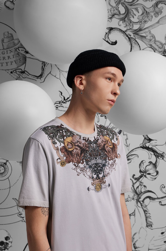 T-shirt bawełniany męski z kolekcji Zodiak - Baran kolor szary okrągły szary RS24.TSM152