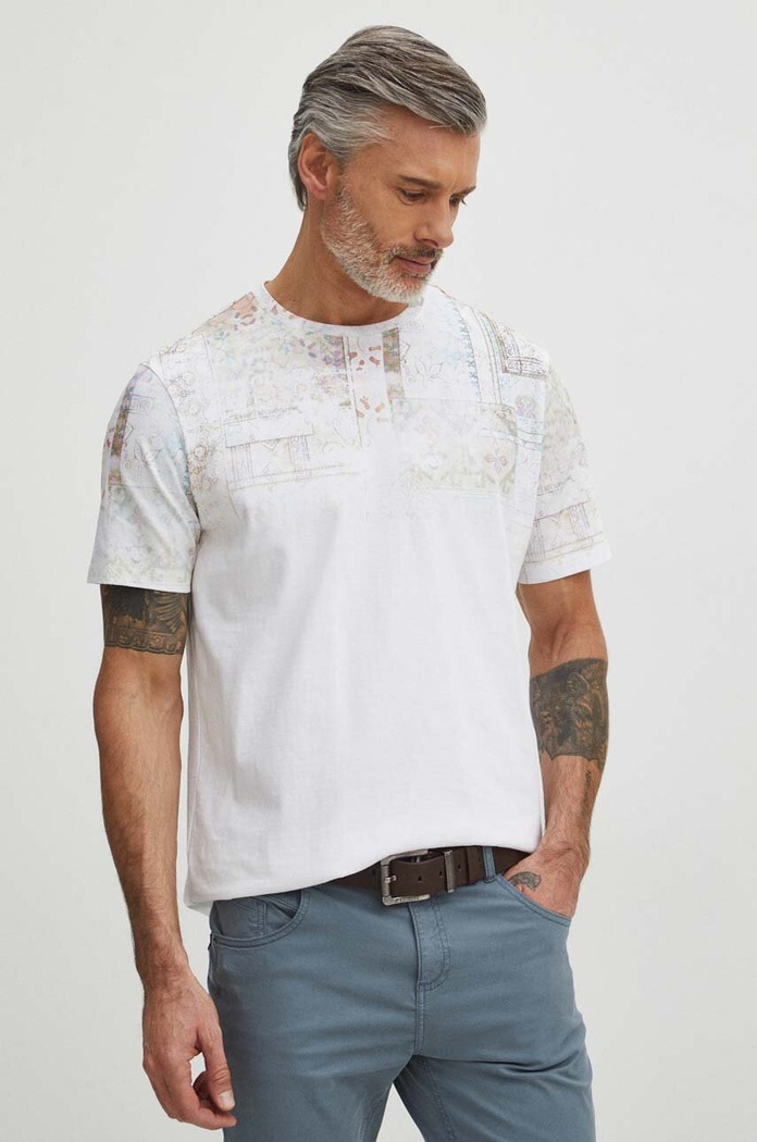 T-shirt bawełniany męski wzorzysty kolor biały biały RS24.TSM509
