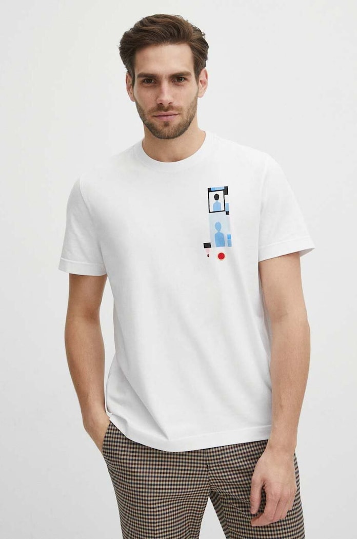 T-shirt bawełniany męski z domieszką elastanu z kolekcji Jerzy Nowosielski x Medicine kolor biały biały RS24-TSM671