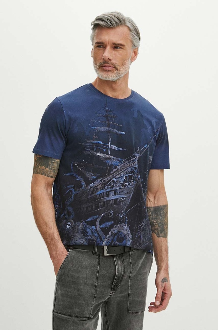 T-shirt bawełniany męski kolor granatowy wzorzyste granatowy RS24.TSM801