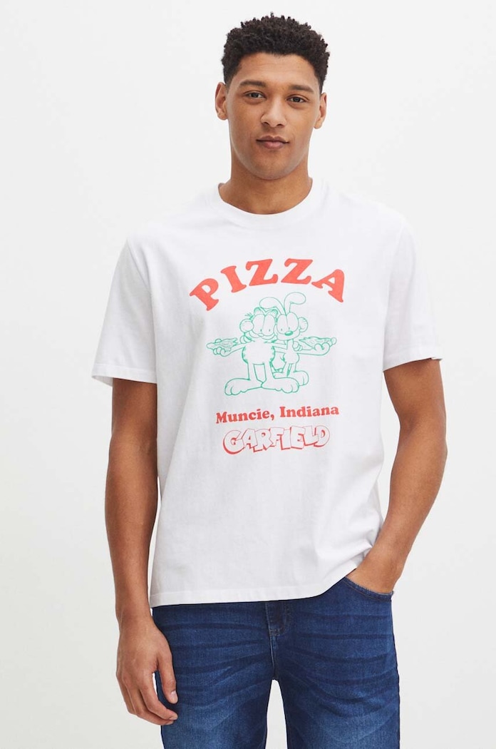 T-shirt bawełniany męski Garfield kolor biały okrągły biały RS24-TSM950