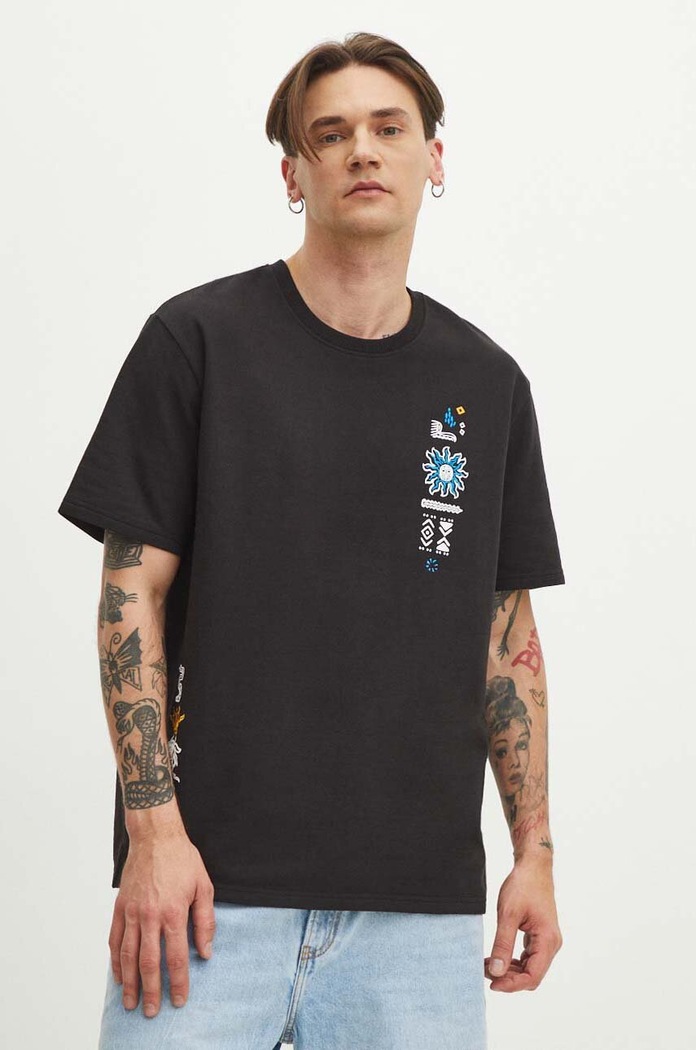 T-shirt męski z nadrukiem kolor czarny okrągły czarny RS24-TSMB30