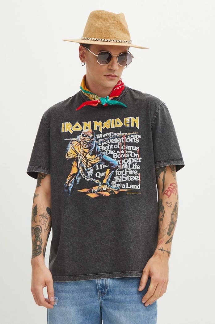 T-shirt bawełniany męski Iron Maiden kolor szary okrągły szary RS24.TSMB54