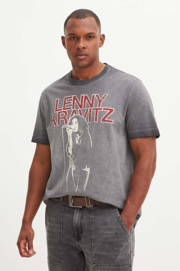 T-shirt bawełniany męski Lenny Kravitz kolor szary okrągły szary RS24-TSMC70
