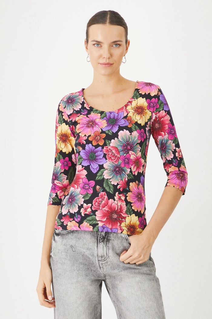 Longsleeve bawełniany damski z elastanem w kwiaty kolor multicolor wzorzyste multicolor RS25.BUD020