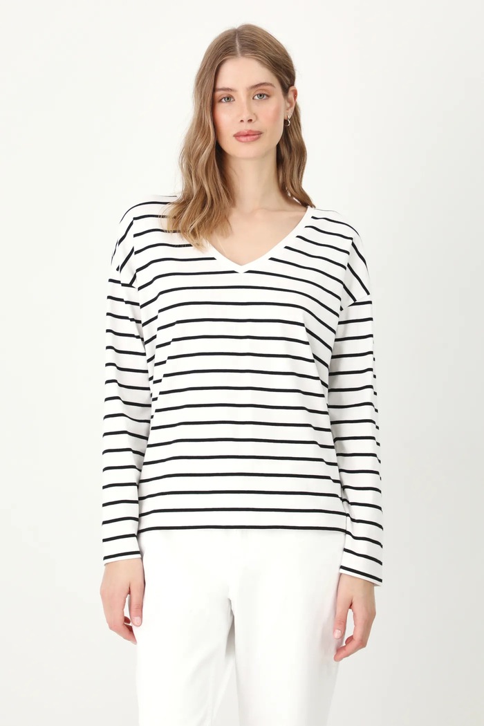 Longsleeve bawełniany damski z elastanem w pasy kolor biały z elastanem biały RS25-BUD050