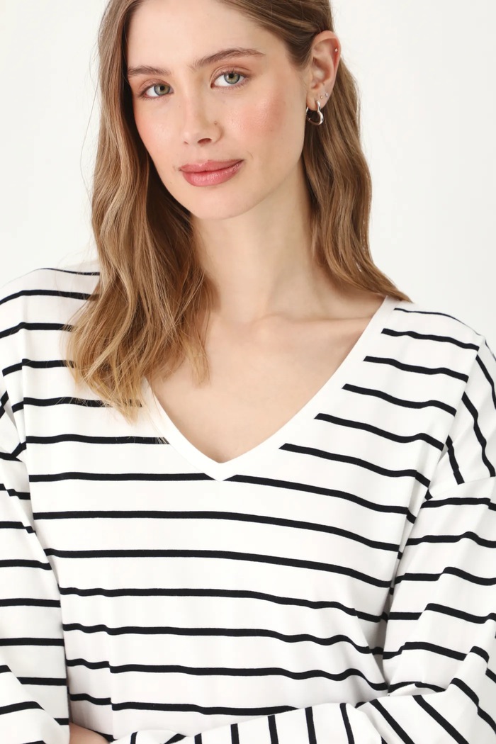Longsleeve bawełniany damski z elastanem w pasy kolor biały biały RS25-BUD050