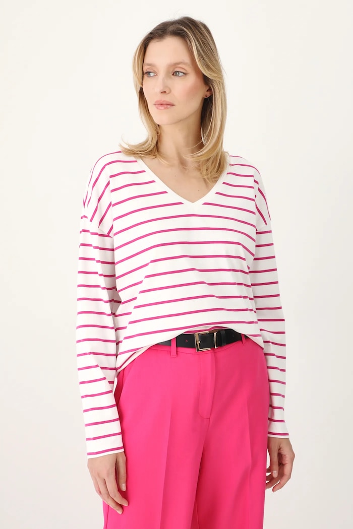 Longsleeve bawełniany damski z elastanem w pasy kolor biały z elastanem biały RS25-BUD050