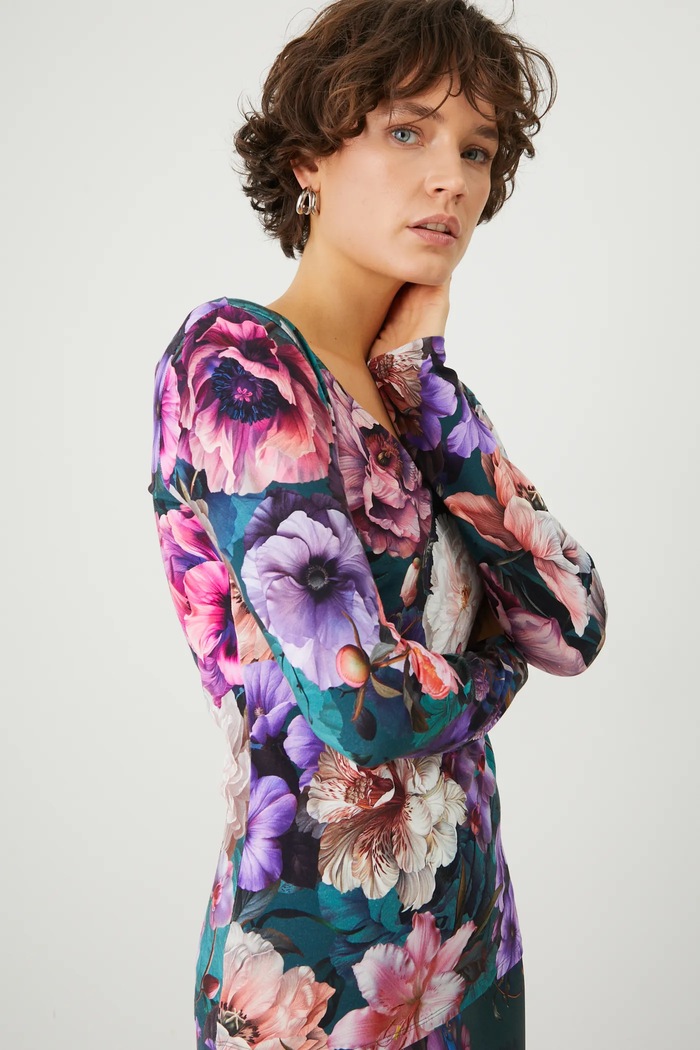 Longsleeve bawełniany damski z elastanem w kwiaty kolor turkusowy z elastanem turkusowy RS25-BUD302