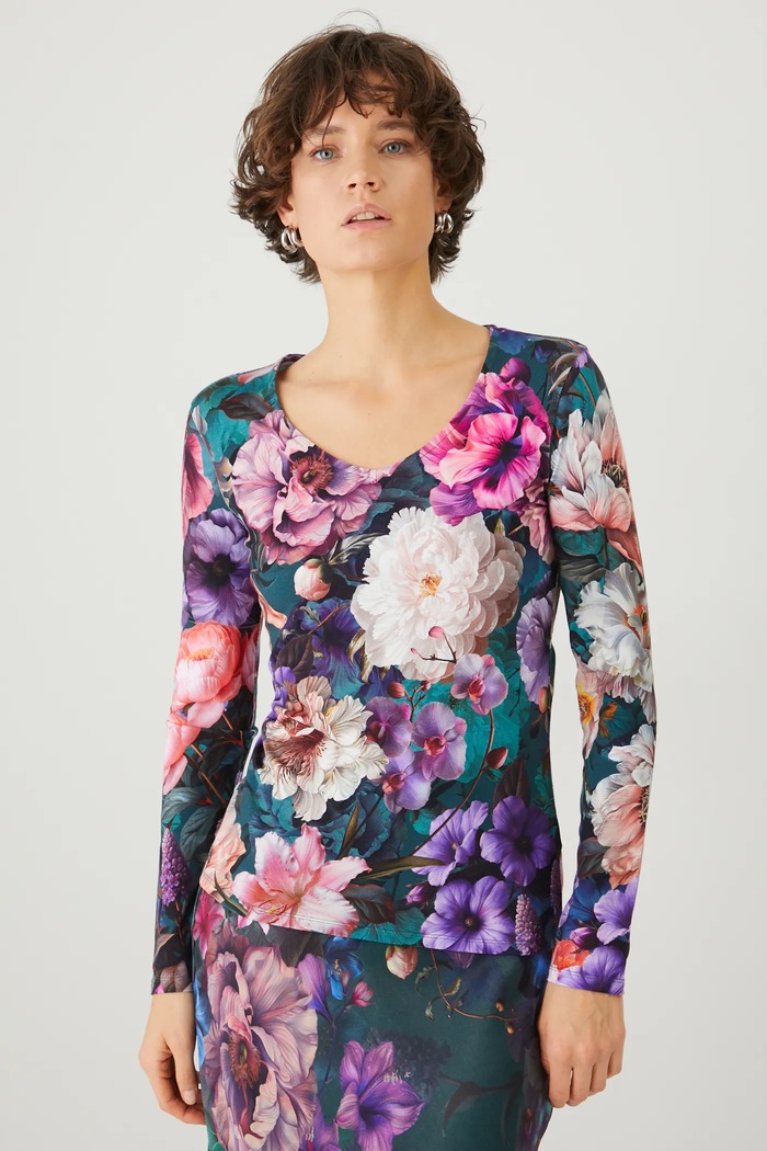 Longsleeve bawełniany damski z elastanem w kwiaty kolor turkusowy turkusowy RS25-BUD302