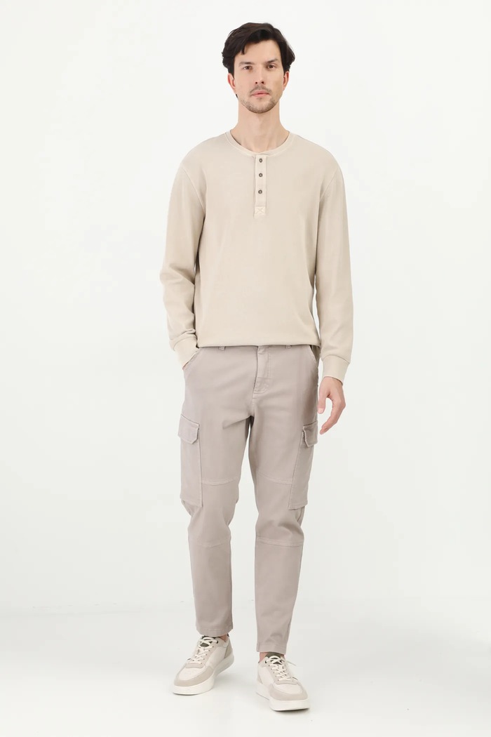 Longsleeve bawełniany męski z elastanem z efektem sprania kolor beżowy RS25-BUM040 beżowy RS25