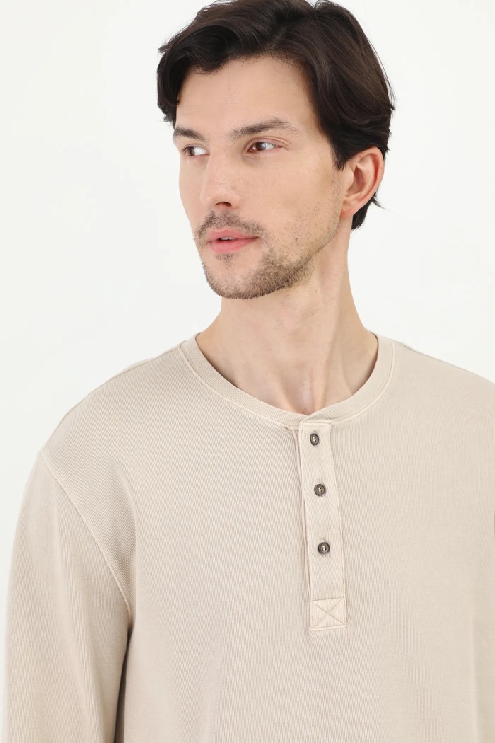 Longsleeve bawełniany męski z elastanem z efektem sprania kolor beżowy beżowy RS25-BUM040