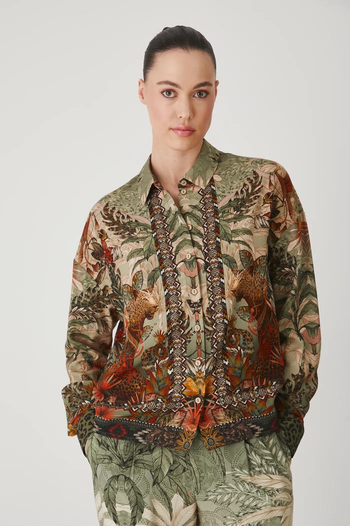 Koszula z domieszką lnu wzorzysta kolor multicolor RS25-KDD801 multicolor