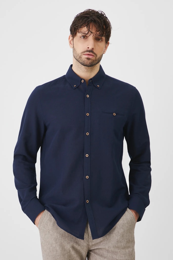 Lněná košile pánská s límcem button-down tmavomodrá barva RS25-KDM050 námořnická modř
