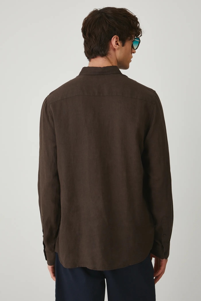 Odzież Koszula lniana męska z kołnierzykiem button-down kolor brązowy RS25-KDM071 brązowy