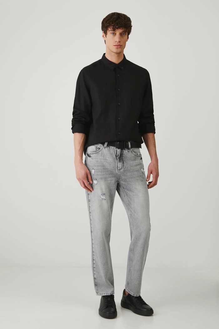 Lněná košile pánská s límcem button-down černá barva RS25-KDM071 černá RS25