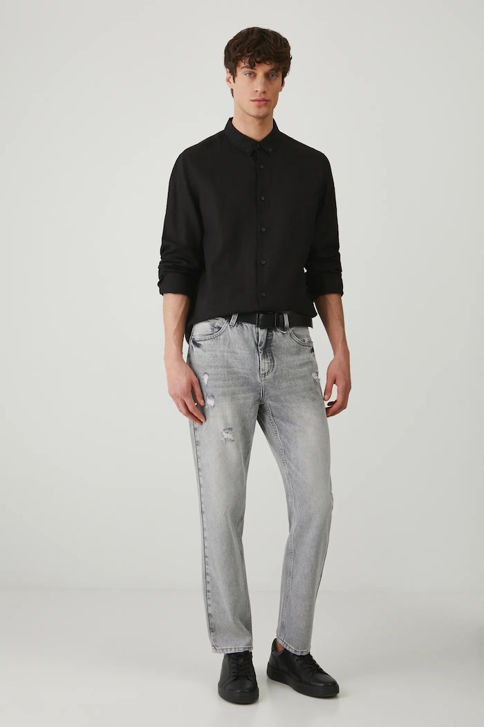 Lněná košile pánská s límcem button-down černá barva RS25-KDM071 černá RS25
