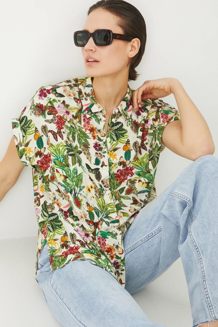 Koszula damska oversize wzorzysta kolor beżowy casual beżowy RS25-KKD071